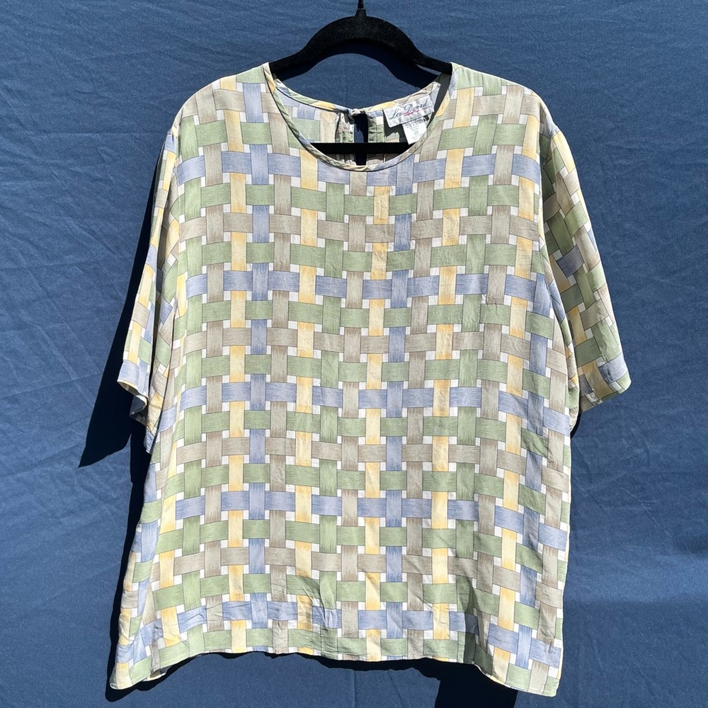 100% Silk Vintage Lee David Blouse 2XL round neck natural fibers green/yellow